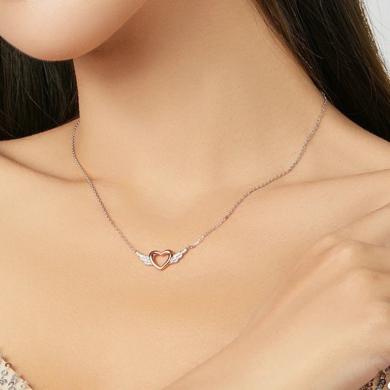 Sterling Silver Angel Wing Heart Pendant Necklace - Fesara