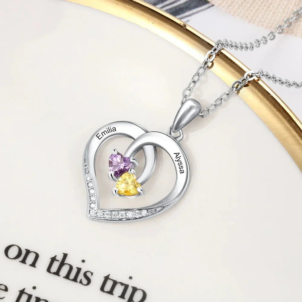 Customizable Heart Necklace with Two Names and Birthstone