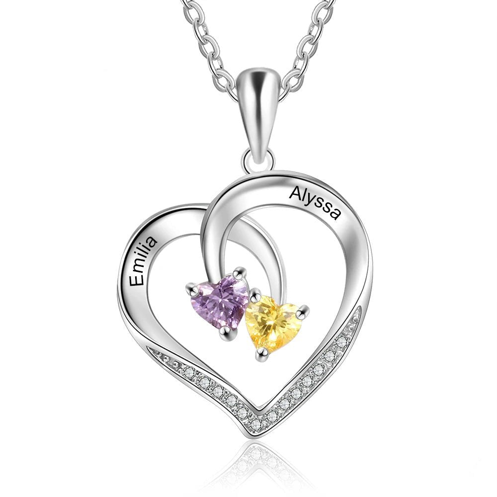 Customizable Heart Necklace with Two Names and Birthstone