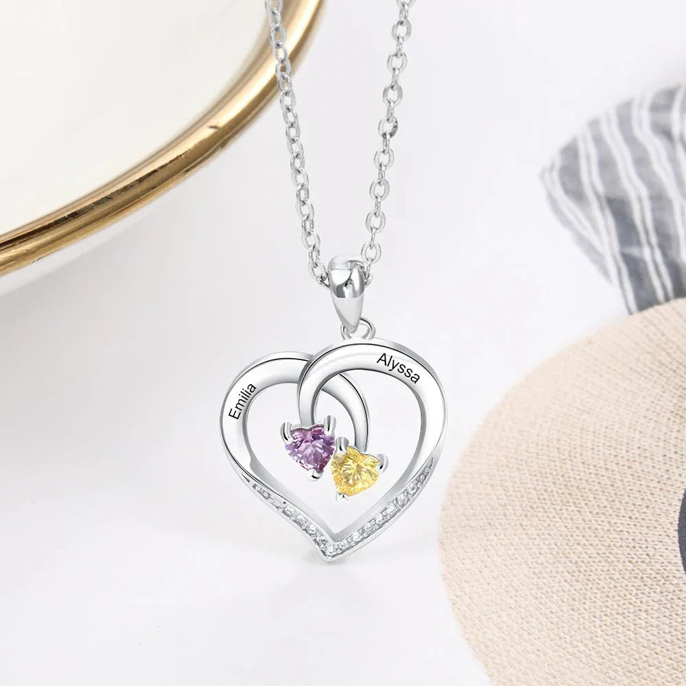 Customizable Heart Necklace with Two Names and Birthstone - Fesara