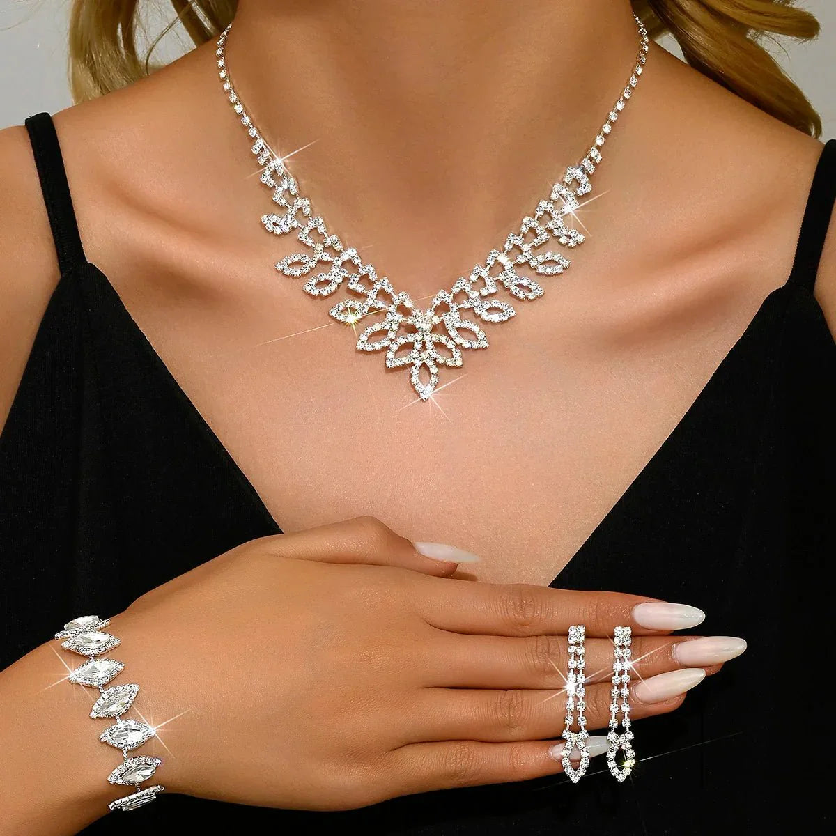 Luxurious Diamond Jewelry Set Necklace Earrings Bracelet - Fesara