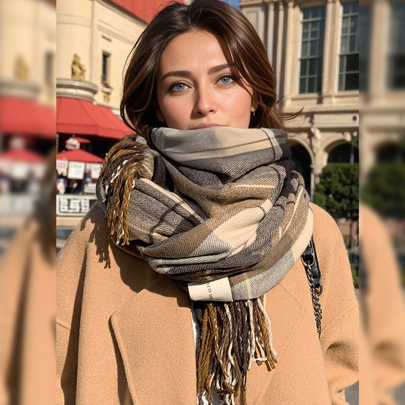 Classic Plaid Fringe Winter Scarf for Women
