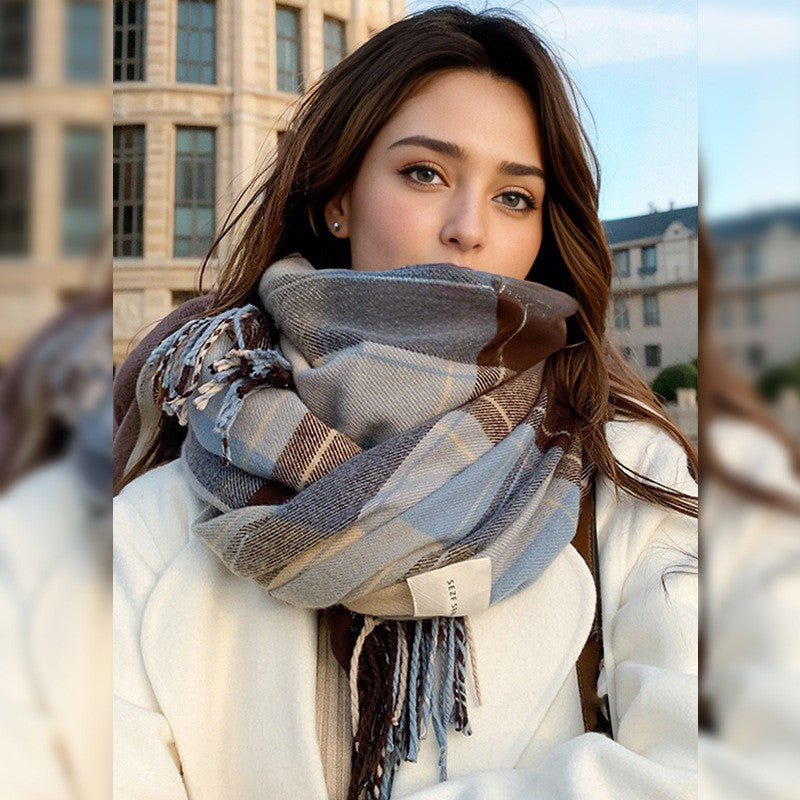Classic Plaid Fringe Winter Scarf for Women