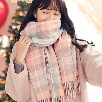 Classic Plaid Fringe Winter Scarf for Women