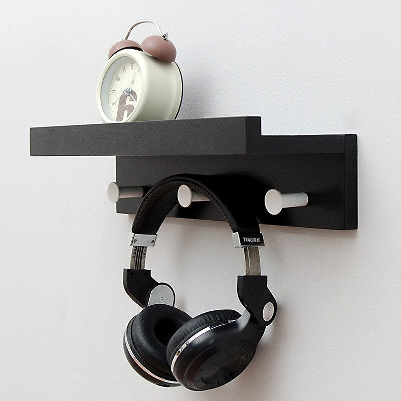Sturdy Wooden Wall Shelf with Hooks Storage Organizer