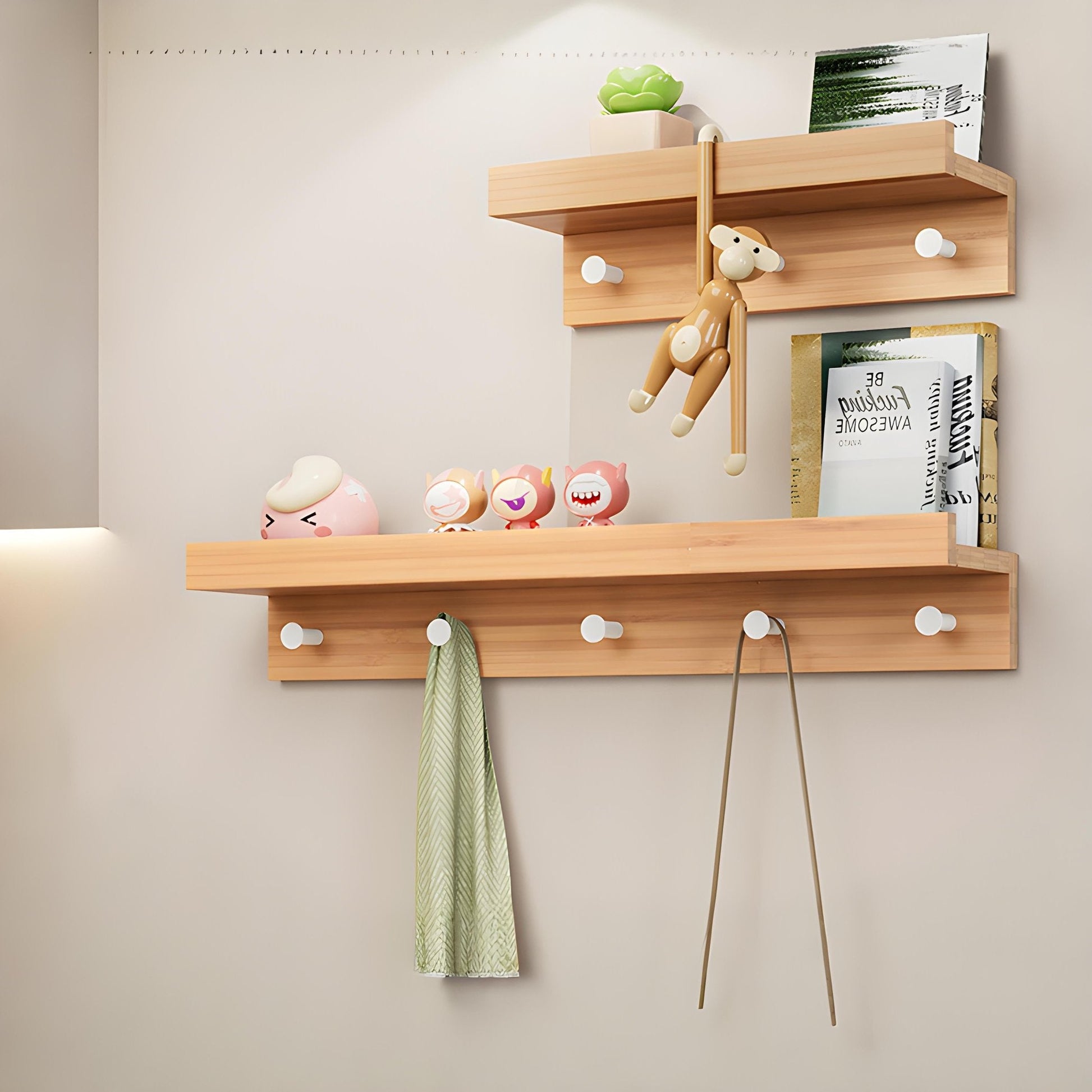 Sturdy Wooden Wall Shelf with Hooks Storage Organizer - Fesara