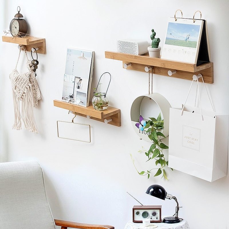 Sturdy Wooden Wall Shelf with Hooks Storage Organizer