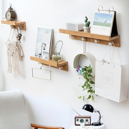Sturdy Wooden Wall Shelf with Hooks Storage Organizer