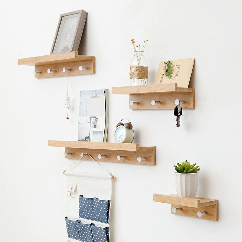 Sturdy Wooden Wall Shelf with Hooks Storage Organizer
