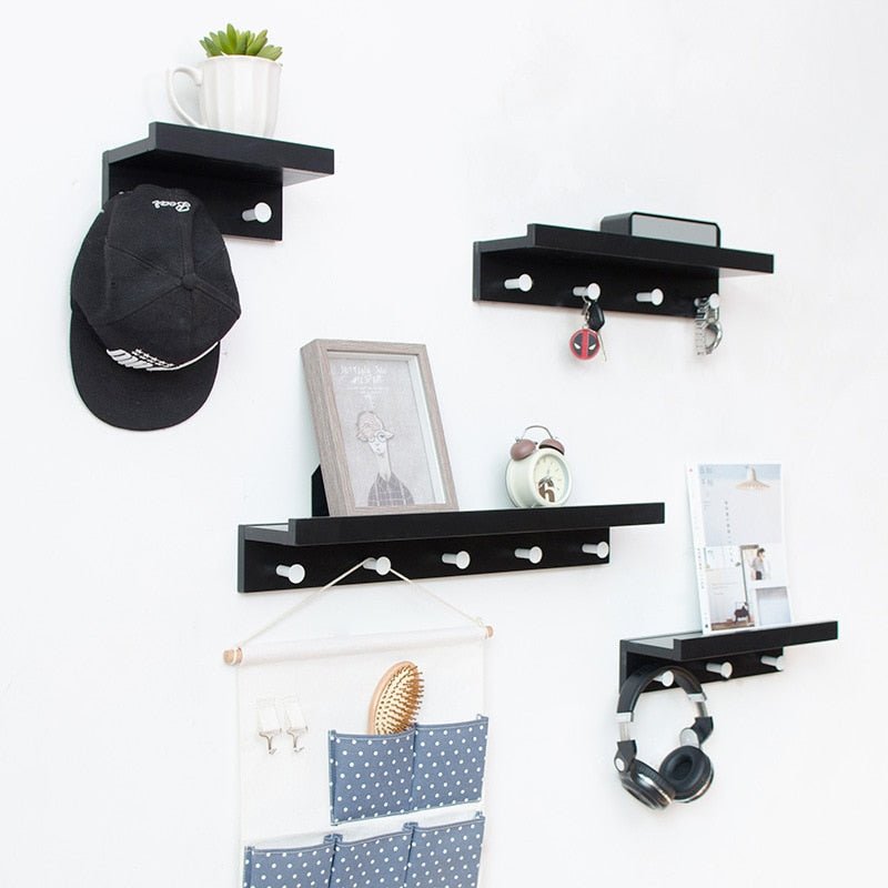 Sturdy Wooden Wall Shelf with Hooks Storage Organizer