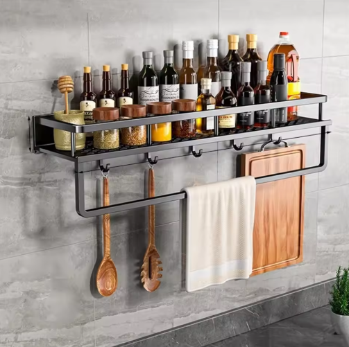 Space-Saving Kitchen Shelf with Towel Bar and Storage