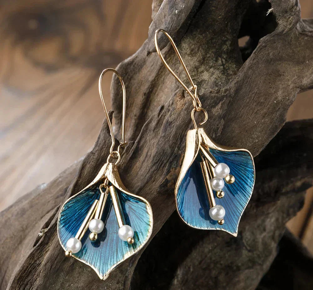 Classic Navy Floral Drop Earrings - Fesara